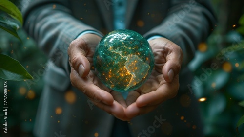An LCA-life cycle assessment concept with a businessman holding a green ball with an LCA icon. An environmental impact assessment related to product value chains. Business value chains and growing