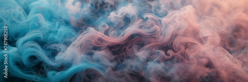 Close-up image revealing the intricate patterns of smoke tendrils in hues of turquoise and azure against a canvas of dusky pink.
