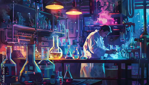 A digital illustration of a scientist in a lab coat conducting experiments in a laboratory surround Generative AI