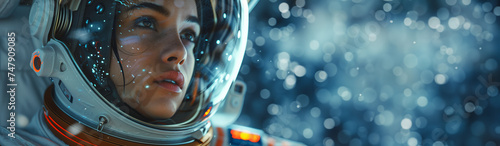 Female astronaut in a space helmet against bokeh background. Space exploration concept. Banner with cipy space for Cosmonautics Day event. 