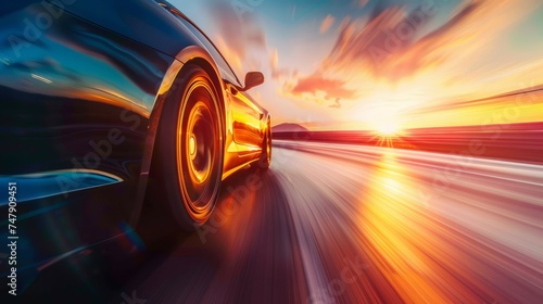 Dynamic image of a sports car speeding along a highway at sunset, showcasing motion and performance.