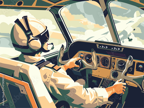 A pilot is seated at the steering wheel inside the cockpit of a motor vehicle, with a windshield in front. They are ready to take off in the airplane