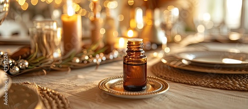 A bottle of sandalwood essential oil is placed on a luxurious table, creating a sophisticated and aromatic atmosphere.