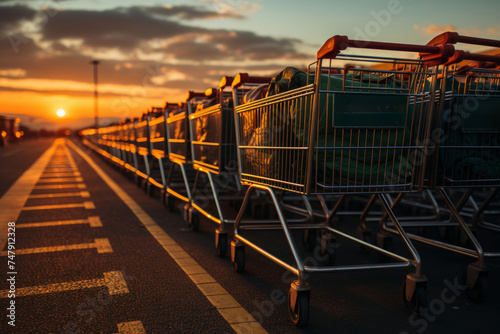 Shopping carts are lined up in row in the parking lot of supermarket against the backdrop of the setting sun.