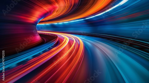 A mesmerizing display of swirling light trails within a circular tunnel, creating an impression of high velocity.