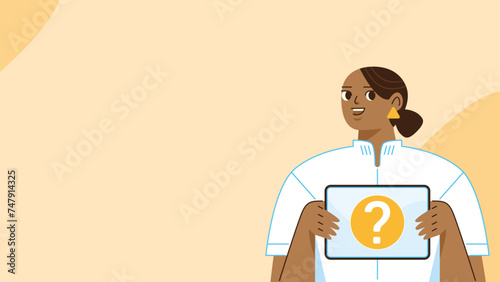 Fond pour présentation professionnelle diaporama médical, docteur femme qui tient une tablette avec un point d'interrogation, personnage en blouse blanche, communication scientifique