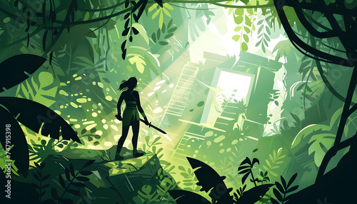 A digital illustration of a female explorer traversing a dense jungle wielding a machete and uncove Generative AI