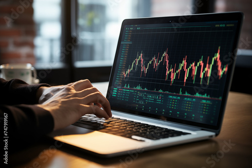 Businessman trader investor analyst using laptop analytics for financial market analysis.