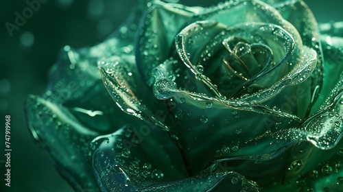 a single emerald rose adorned with crystal-clear droplets in extreme macro, capturing the beauty of dew-kissed petals.