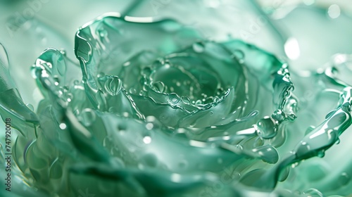 a single emerald rose adorned with crystal-clear droplets in extreme macro, capturing the beauty of dew-kissed petals.
