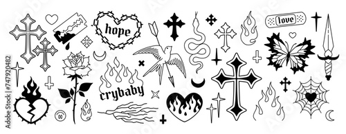 Y2k Gothic Fashion elements set in 2000s style. Y2k Gothic Cross, heart, butterfly, dead bird, dagger, etc. Opium style fashion elements. Gothic tattoo stickers. Printable vector designs