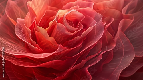 the splendor of a scarlet rose bloom in extreme macro, highlighting the intricate details of its velvety petals.