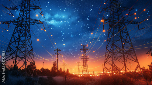 Electricity transmission towers with orange glowi.