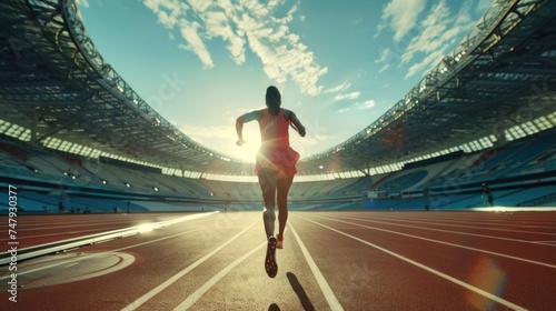 A female athlete in a red tracksuit sprinting towards the finish line in a stadium with a bright sky.