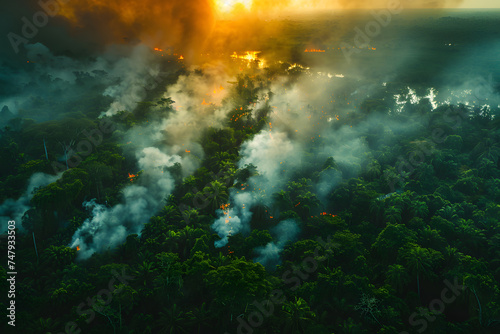 Forest fire at sunset in the tropics. Beautiful natural landscape
