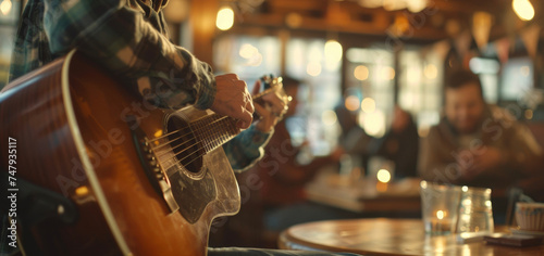 A guitarist performing an intimate acoustic set for a handful of fans in a cozy coffee shop with everyone singing along and clapping along.
