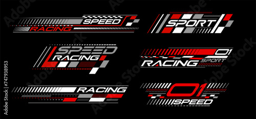 Racing stripes geometric lines design racing car hood sticker, dynamic arrow shapes and lines background for sporting event. racing start and finish flag. vector illustration template for motorsports