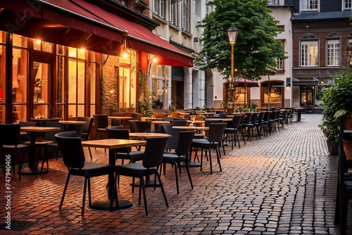 Modern cafe with summer patio and contemporary design in urban setting.