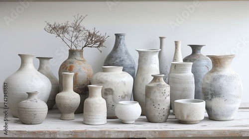 Monochromatic ceramic vase collection with dried botanical arrangement.