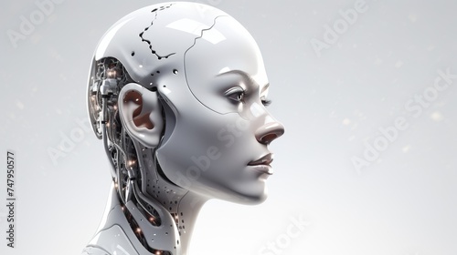 Futuristic white ai humanoid robot portrait with text space in a futuristic setting