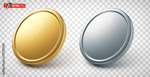 Vector realistic illustration of gold and silver coins on a transparent background.