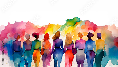Gender equality and the female empowerment movement, multicultural and multiethnic, watercolor painting on white background