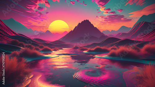 Pink sunset and lake