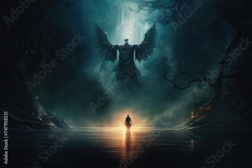 man on boat facing a legendary angel in the dark forest hd wallpaper