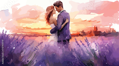 A couple in lovector at sunset in a lavender field 