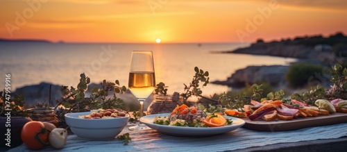 Food concept in front of blue sea during summer, wooden table