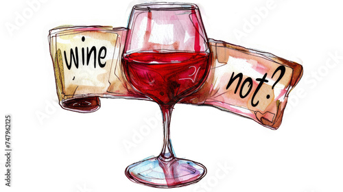 Stylized sticker design featuring a wine glass and a playful "wine not?" pun on a banner, perfect for wine lovers and social media.