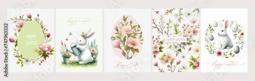 Happy Easter. Vector elegant trendy watercolor illustration of cute Easter bunny with floral wreath, Easter flowers, leaves and branches frame for greeting card, background or invitation.