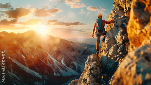 Rock Climber Scaling Steep Cliffs in Mountainous Landscape