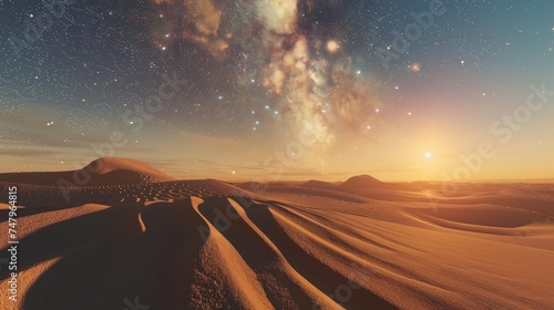 A high-definition image capturing the moment a bright sphere of light hovers above a desert, casting long shadows over the dunes under a clear, star-filled sky. 8k