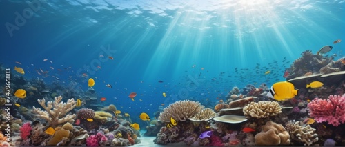 Dreamy underwater scene with colorful coral reef teeming with marine life, peaceful serenity
