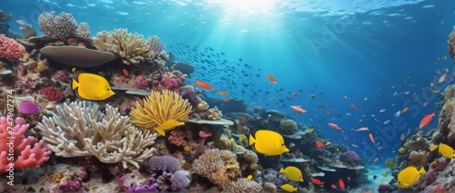 Dreamy underwater scene with colorful coral reef teeming with marine life, peaceful serenity