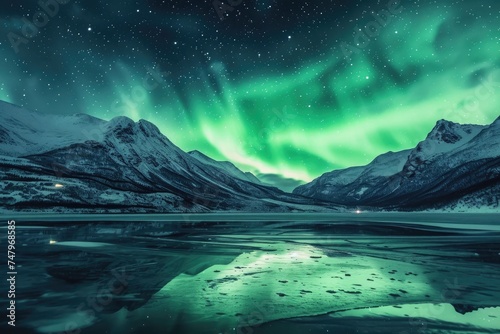 An enthralling show of green auroras weaving across frozen lakes and snow-covered mountains in the starry sky. 