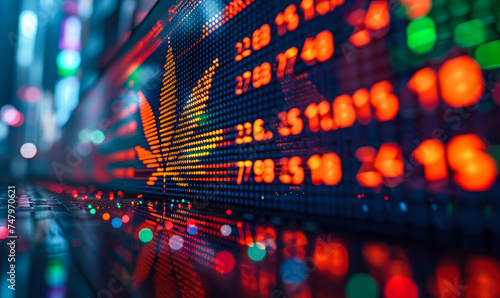 Stock market display with cannabis leaf symbol representing the rise of marijuana industry investments and market trends in the financial sector