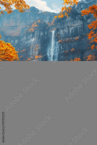 **Towering Waterfall Amidst Autumn Foliage Photo 4K