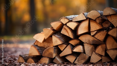 Stack of firewood on blurred background with copy space, woodpile for winter, firewood preparation