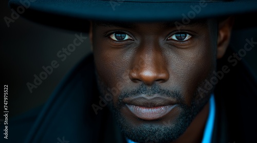 handsome african american male in all black suit and a black hat