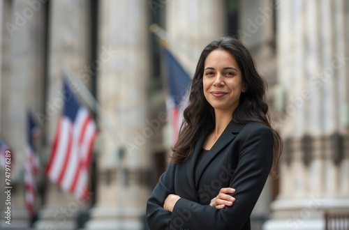 Strategic female politician in urban setting