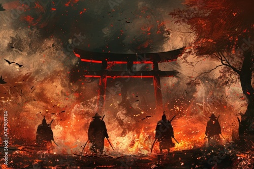 Bushido scene in fire and smoke, epic illustration of feudal Japan in Japanese folk art style