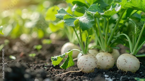 Close shot of freshly harvested white round radish in agricultural field with a big space for text or product and soils, Generative AI.