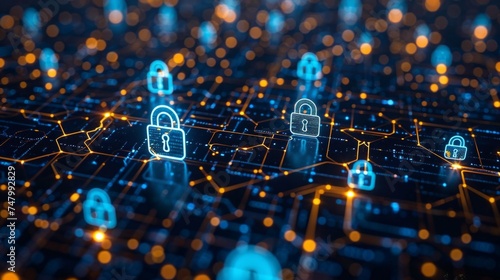 Encryption symbols and digital locks secure data, blue cyber shield against dark web backdrop, essence of protection, evening AI Generative