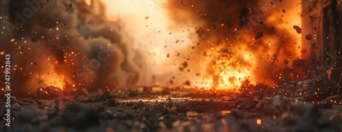 Dramatic Scene of Explosive Destruction in Urban Warzone