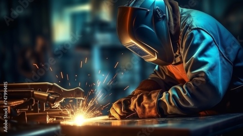 Close up of professional welder working on medium sized pipe with blue light, metalwork in focus