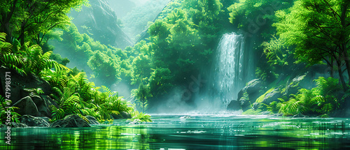 Jungle Waterfall in Green Forest, Nature Beauty with River Stream, Tropical Landscape in Daylight, Serene Scenery