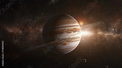 Majestic Jupiter Against Starry Space, Cosmic Grandeur With Rings Illuminated By Sunlight, Space Exploration, Human Achievement, and Science Fiction. AI Generated