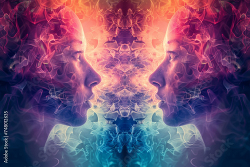 Mirrored faces with a fractal overlay effect - A vibrant concept art piece with mirrored faces and colorful fractal patterns, depicting human consciousness and thoughts